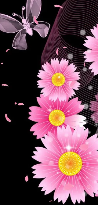 Vibrant pink flowers and butterfly on black background.