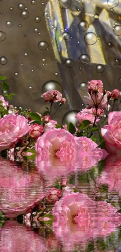 Wallpaper of pink roses with water reflection and bubbles.