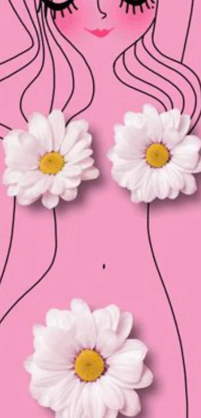 Whimsical pink floral wallpaper with daisies and line art.