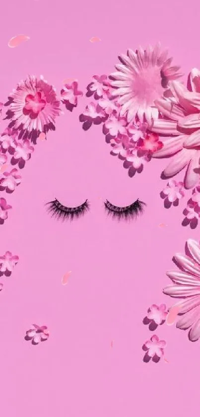 Pink floral art with flowers and eyelashes on a soft pink background.