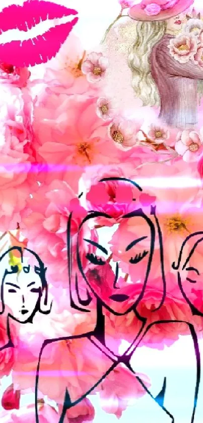 Mobile wallpaper with pink blossoms and artistic face drawings.