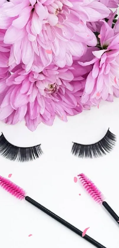 Pink floral wallpaper with lashes and mascara brushes.