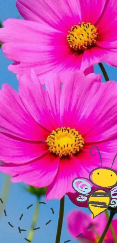 Bright pink cosmos flowers with a cartoon bee, perfect mobile wallpaper.