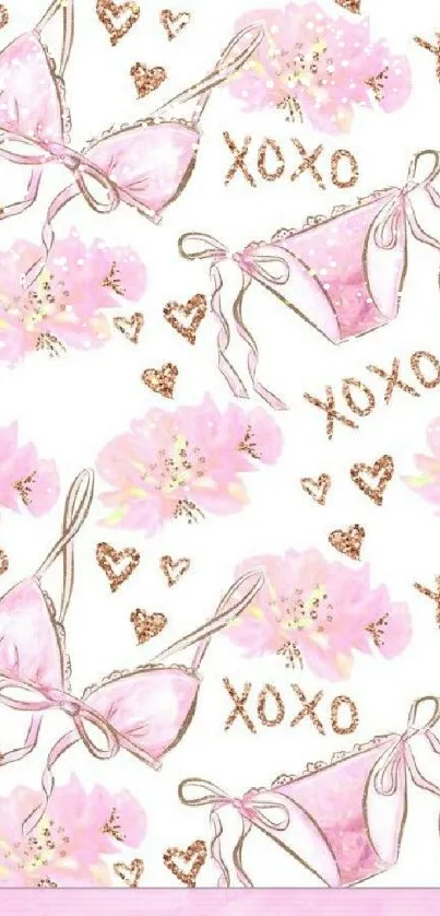 Pink floral bikini and XOXO pattern wallpaper.