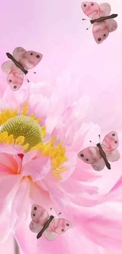 Pink flower with butterflies wallpaper for mobile screen.