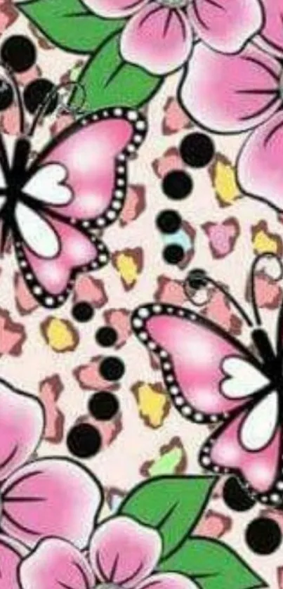 Pink floral and butterfly wallpaper with cheetah print background.