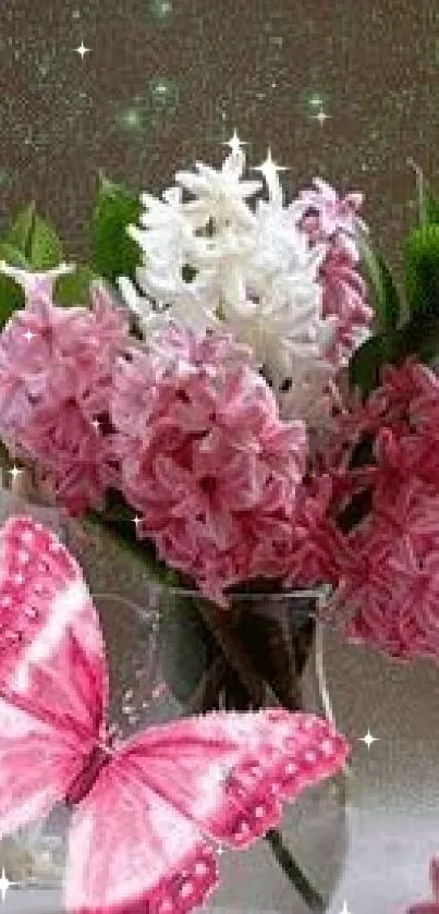 Pink flowers in vase with butterfly on wallpaper.