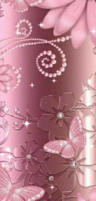 Pink floral wallpaper with butterflies and crystals.