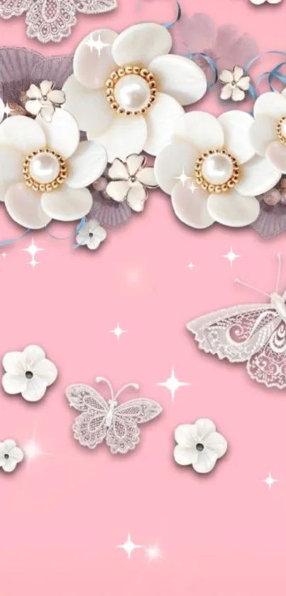 Pink wallpaper with white flowers and lace butterflies.