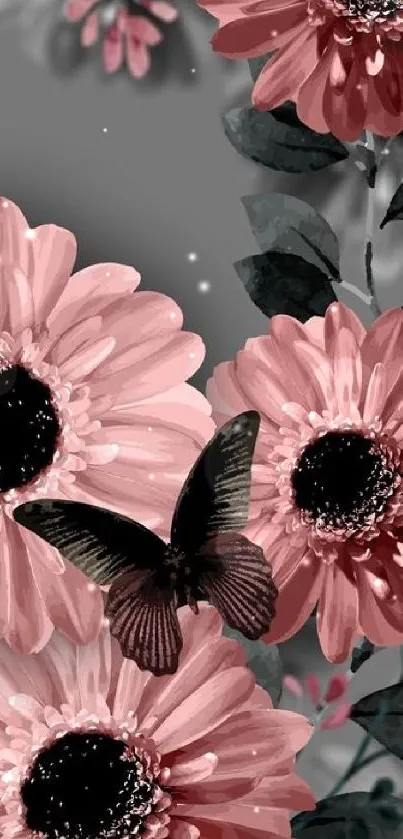 Mobile wallpaper with pink flowers and butterfly.