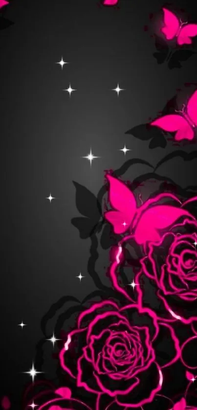 Elegant wallpaper with pink butterflies and roses on a dark background.