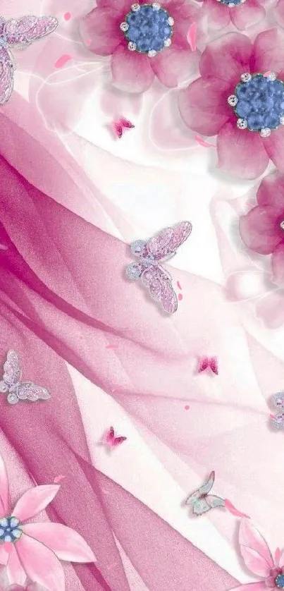 Pink floral and butterfly mobile wallpaper with elegant design.