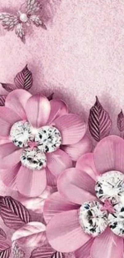 Pink floral wallpaper with crystal accents.