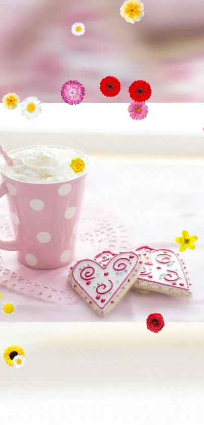 Pink cup with cream and floral cookies on a delicate background.