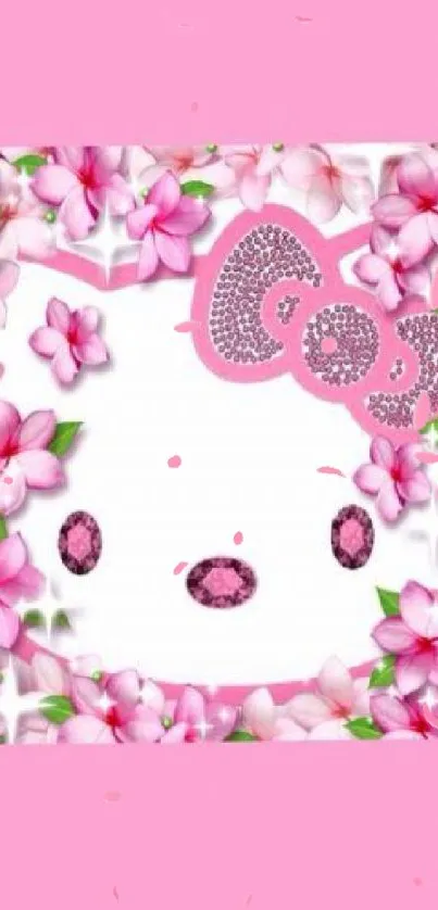 Pink floral wallpaper with cute character and jewel accents.