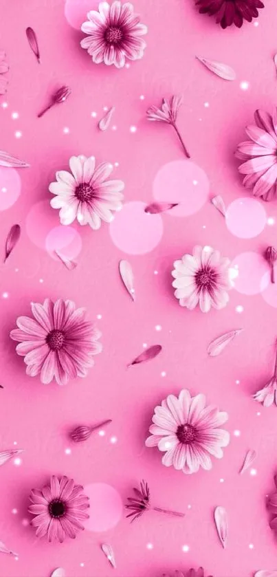 Vibrant pink floral mobile wallpaper with scattered blossoms.