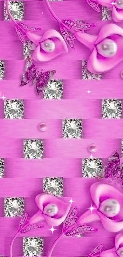 Luxurious pink floral wallpaper with diamonds and pearls.