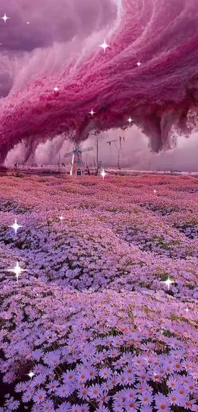 Surreal pink clouds over lavender fields, creating a dream-like mobile wallpaper.