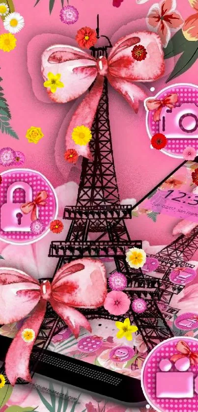 Pink Eiffel Tower wallpaper with floral design and digital icons.