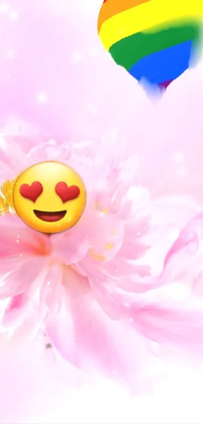 Pink floral mobile wallpaper with emoji and rainbow hot air balloon.