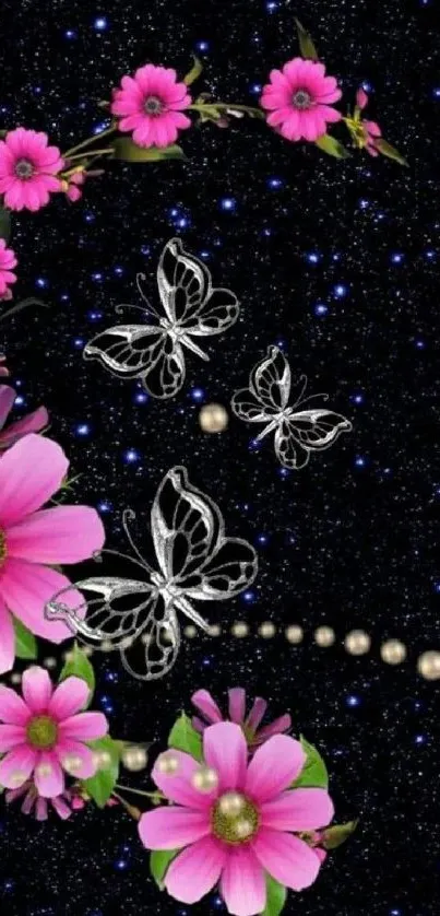 Mobile wallpaper with pink flowers, butterflies, and a black galaxy background.