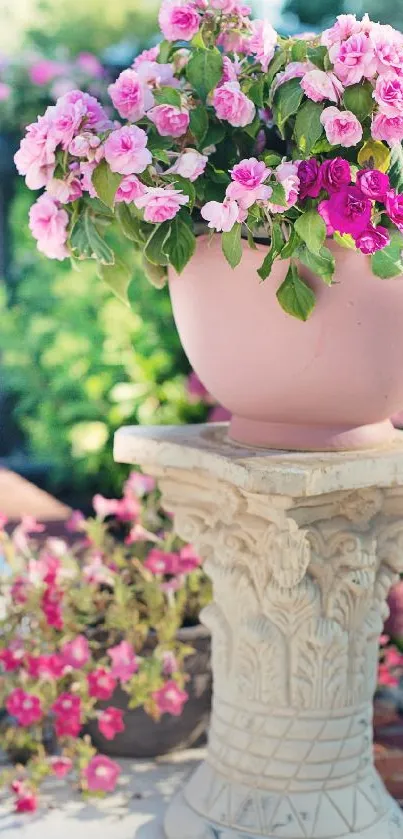 Pink flower pot in a serene garden setting.