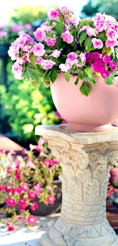 Pink flowers in a decorative pot in a lush garden setting.