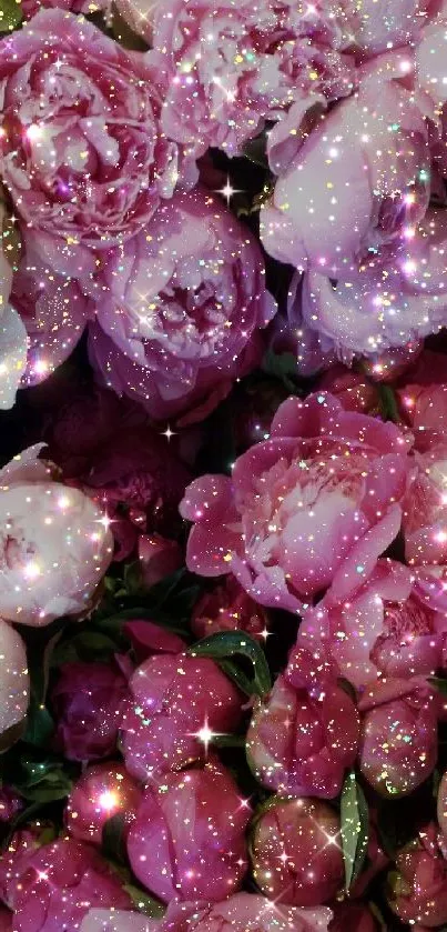 Mobile wallpaper with pink floral and glitter effect.