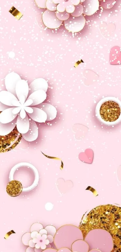 Pink floral wallpaper with glitter accents, featuring hearts and elegant design.