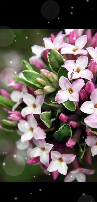 Cluster of pink and white flowers with lush green leaves.