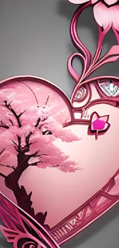 Romantic pink heart with cherry blossoms and floral design.