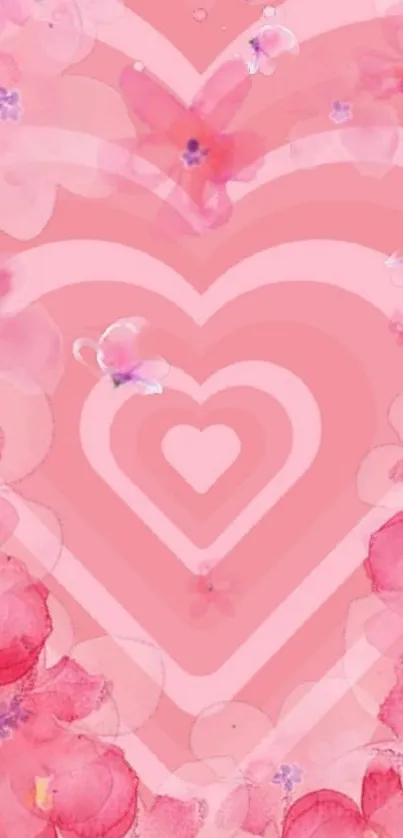 Pink floral heart wallpaper with layered hearts.