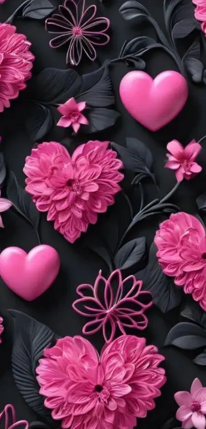 Vibrant pink floral hearts on black background.