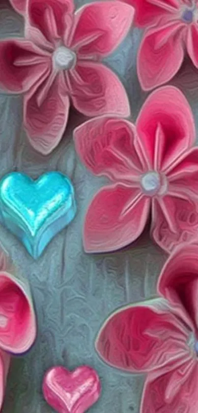 Pink flowers with turquoise heart on wallpaper.