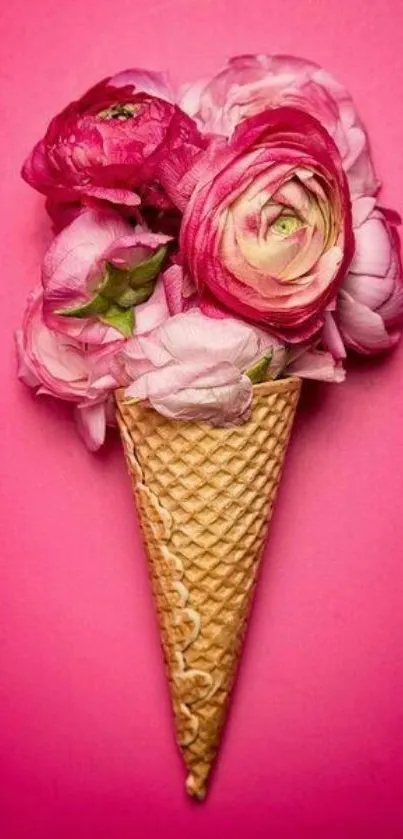 Pink floral ice cream cone wallpaper with elegant design.