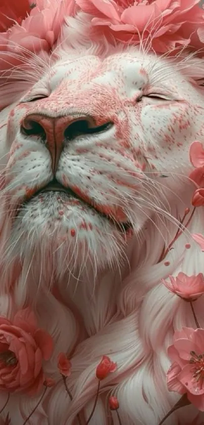 Lion with pink floral mane in serene portrait.