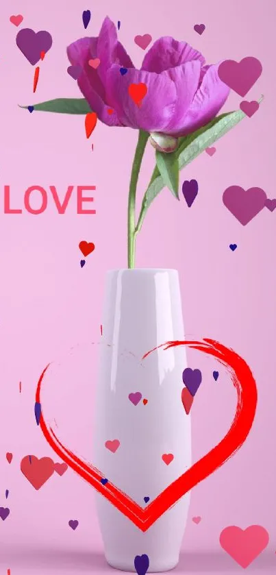 Pink wallpaper with tulip vase and heart.