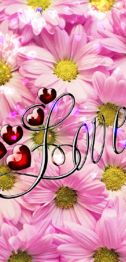 Pink daisy floral wallpaper with 'Love' text.
