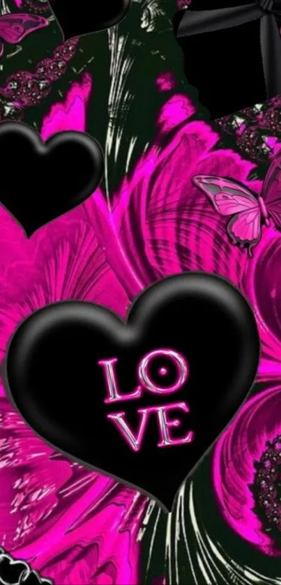 Pink and black floral wallpaper with hearts and butterflies.