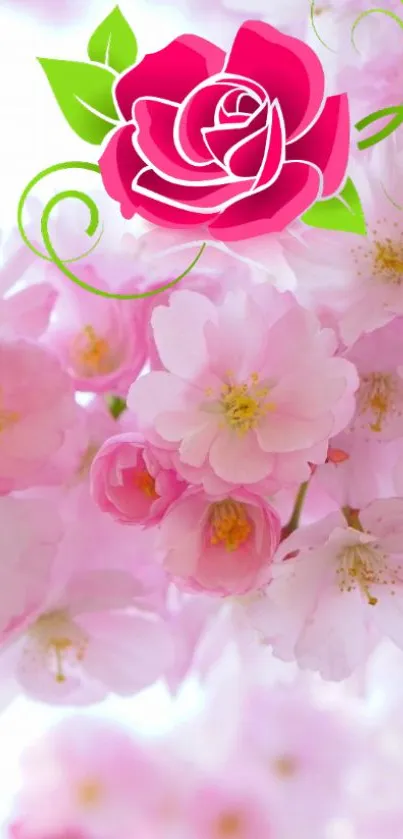 Beautiful pink floral mobile wallpaper with blossoms and a vivid rose.