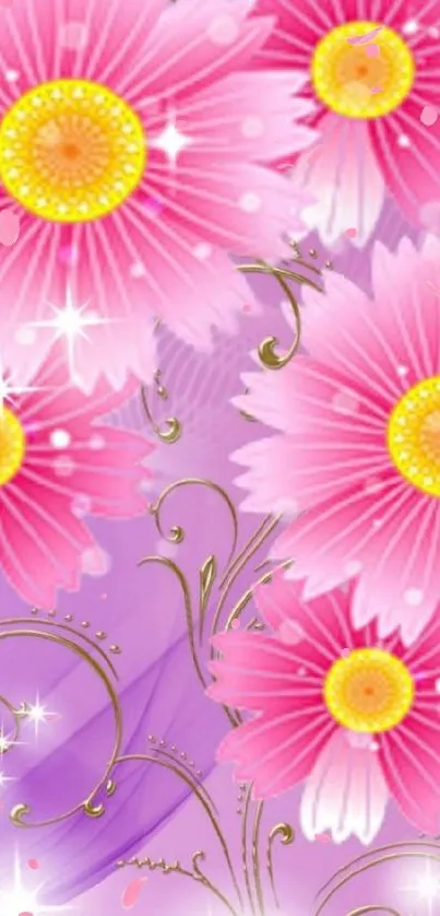 Pink flowers with sparkling accents on a purple background.