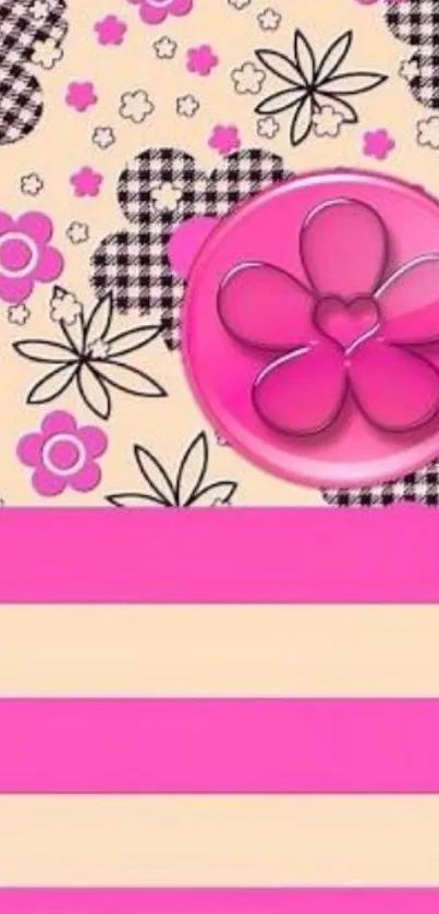 Pink floral mobile wallpaper with stripes.