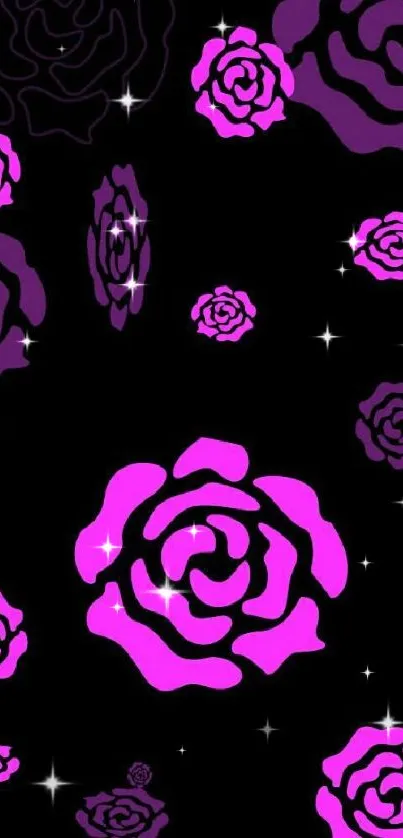 Vibrant pink floral design on a black background with multiple rose patterns.