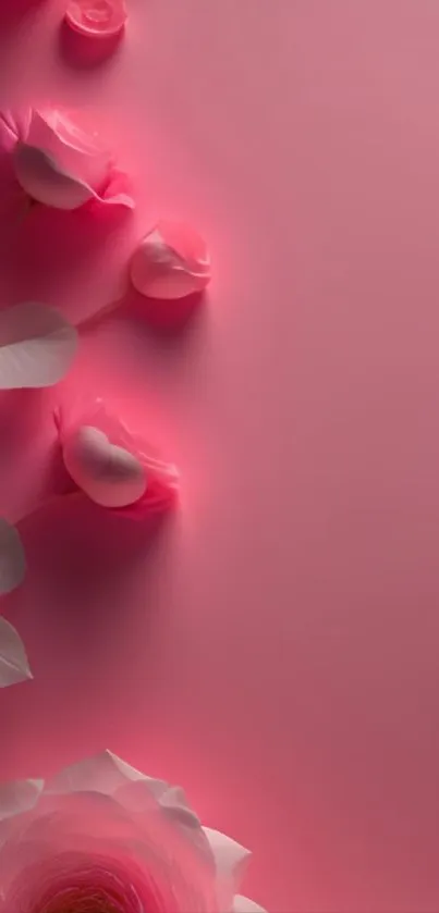 Elegant pink floral wallpaper with roses and leaves.