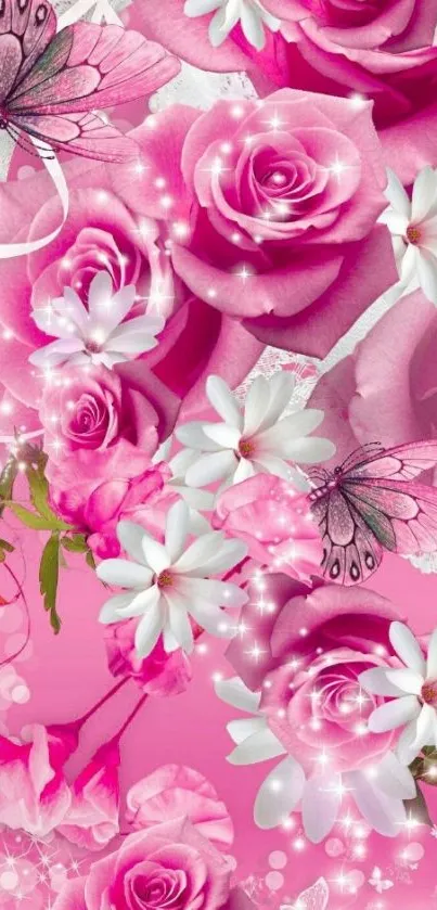 Pink floral wallpaper with roses and butterflies.