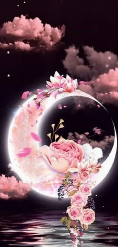 Pink floral moon wallpaper with roses and clouds.