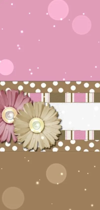 Pink floral wallpaper with polka dots and vintage design.