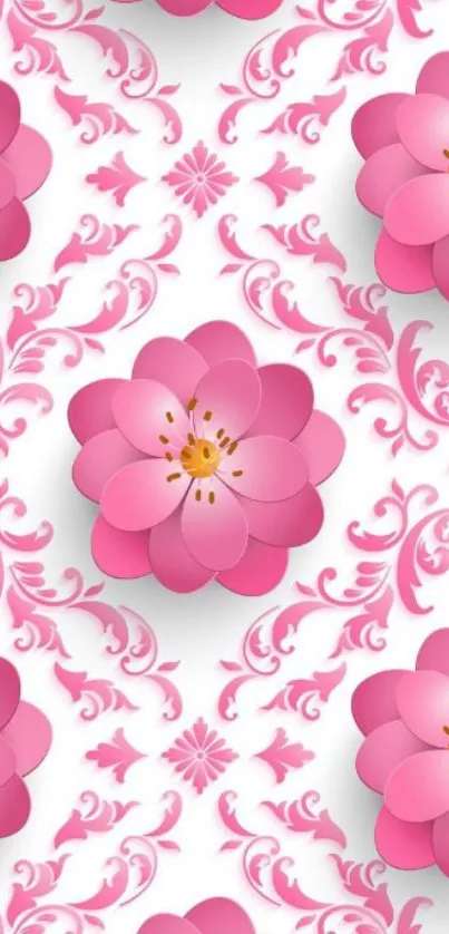 Pink floral pattern wallpaper, intricate flower designs.