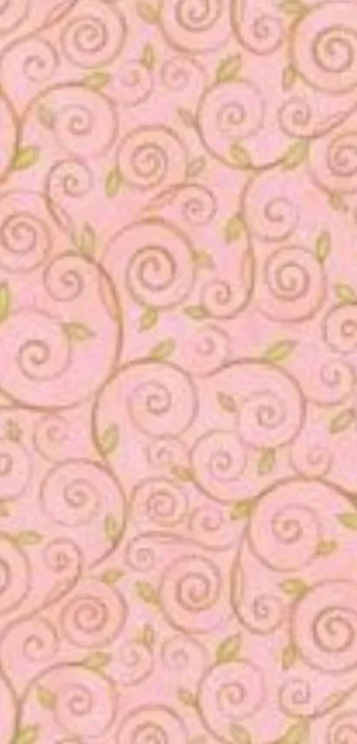 A pink floral wallpaper with swirls and green leaves for mobile phones.