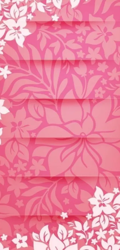 Pink floral wallpaper with white accents.